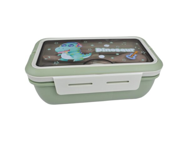 LUNCHBOX ŚNIADANIÓWKA POJEMNIK NA ŚNIADANIE OBIAD SZTUĆCE Z BIDONEM ZESTAW - zielony z stojącym dinozaurem