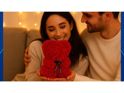 MIŚ Z RÓŻ 25cm + BOX - czerwony bez wstążki