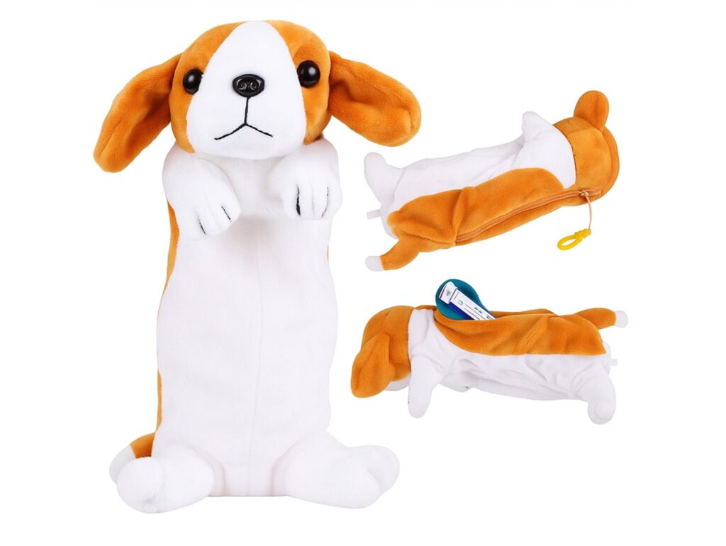 PIÓRNIK SZKOLNY MATERIAŁOWY PIES 24x14x8cm - biało-brązowy