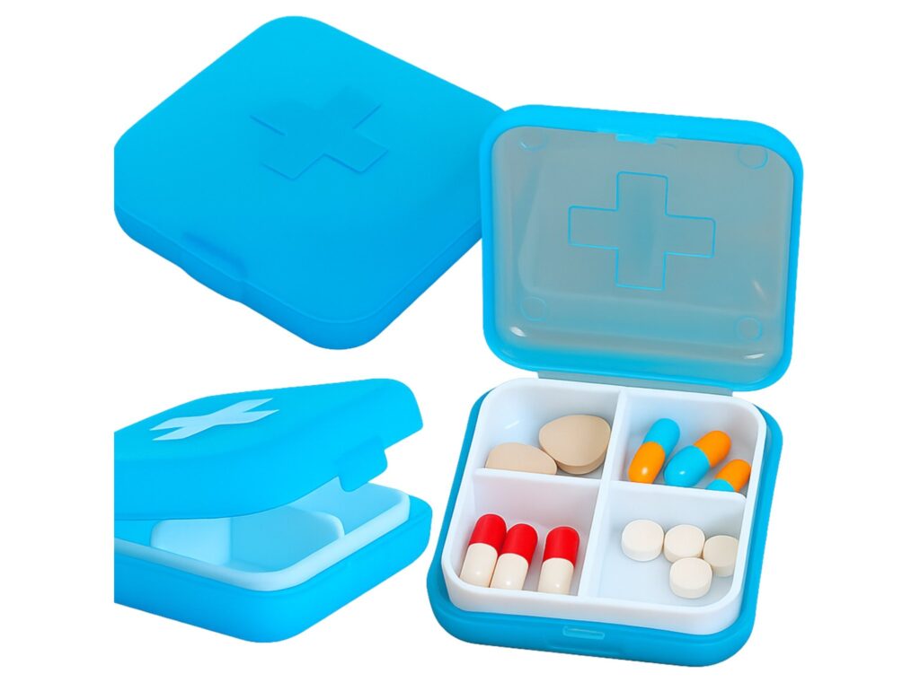 POJEMNIK ORGANIZER NA LEKI 4 KOMORY - niebieski