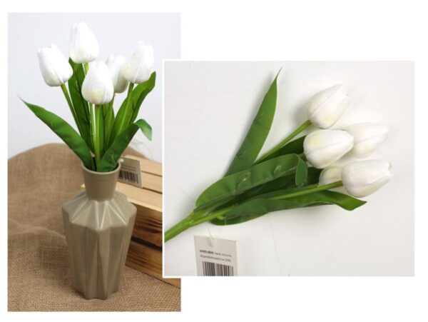 TULIPAN BUKIET SZTUCZNY PIANKOWY 5 KWIATÓW 29cm - biały