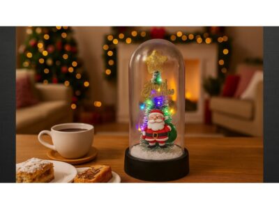 WIECZNA CHOINKA W SZKLE LED ŚWIECĄCA 16CM - mikołaj z workiem