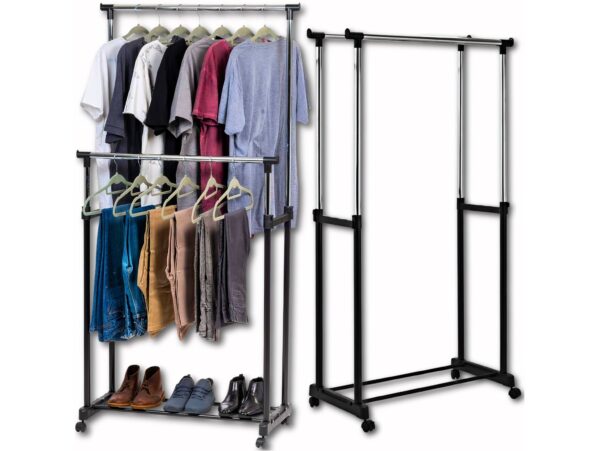 WIESZAK STOJĄCY NA KÓŁKACH UBRANIA STOJAK PODWÓJNY