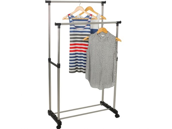 WIESZAK STOJĄCY NA KÓŁKACH UBRANIA STOJAK PODWÓJNY