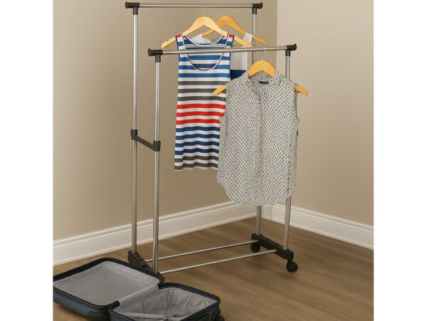 WIESZAK STOJĄCY NA KÓŁKACH UBRANIA STOJAK PODWÓJNY