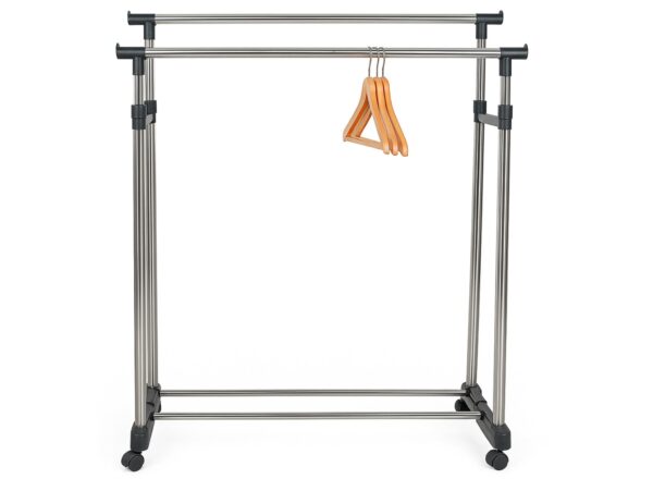 WIESZAK STOJĄCY NA KÓŁKACH UBRANIA STOJAK PODWÓJNY