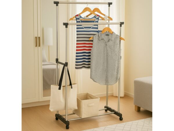 WIESZAK STOJĄCY NA KÓŁKACH UBRANIA STOJAK PODWÓJNY