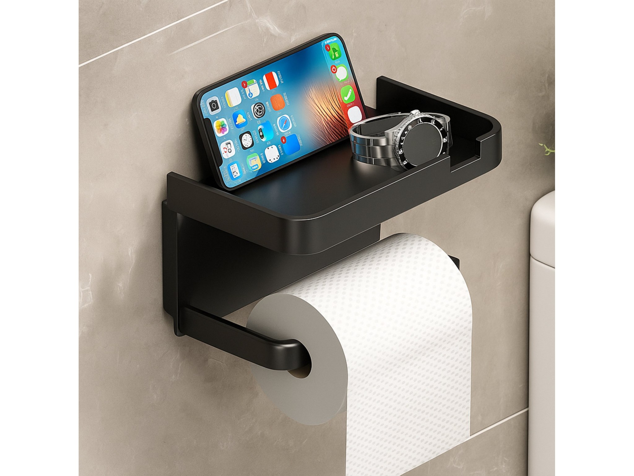 WIESZAK UCHWYT NA PIAPIER TOALETOWY Z PÓŁKĄ 18x10,5x8cm - czarny