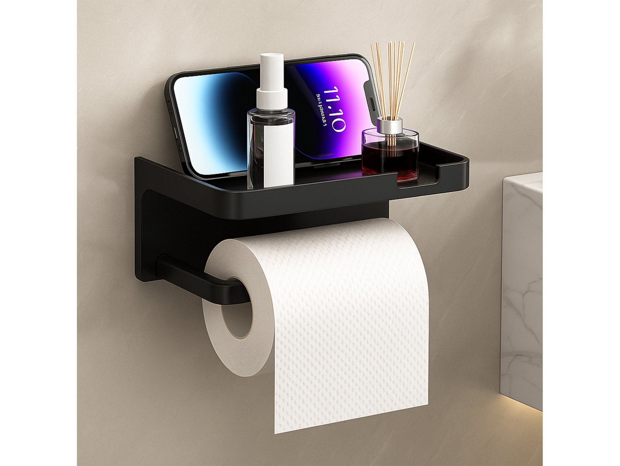 WIESZAK UCHWYT NA PIAPIER TOALETOWY Z PÓŁKĄ 18x10,5x8cm - czarny