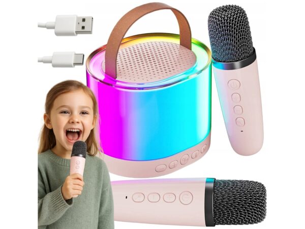 ZESTAW KARAOKE 2 MIKROFONY LED BLUETOOTH OKRĄŁY - beżowy