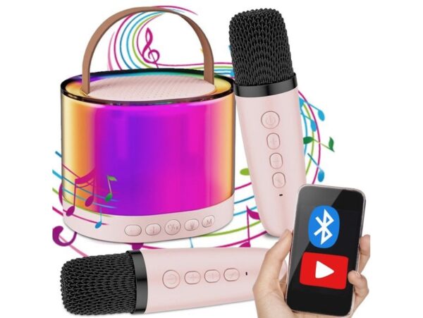 ZESTAW KARAOKE 2 MIKROFONY LED BLUETOOTH OKRĄŁY - beżowy