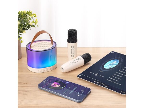 ZESTAW KARAOKE 2 MIKROFONY LED BLUETOOTH OKRĄŁY - beżowy
