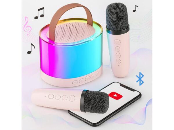 ZESTAW KARAOKE 2 MIKROFONY LED BLUETOOTH OKRĄŁY - beżowy