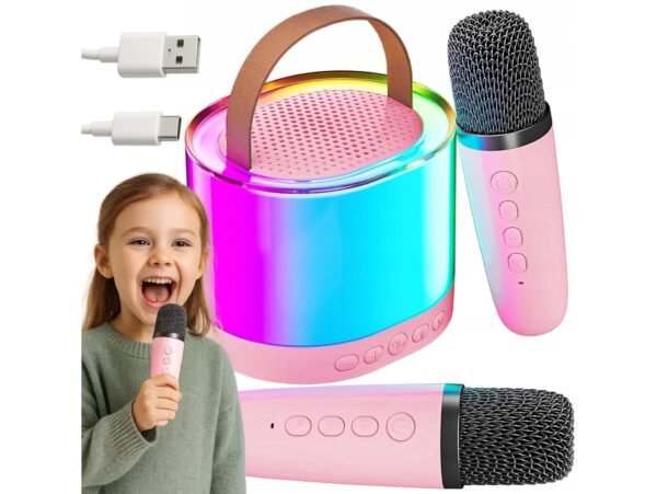 ZESTAW KARAOKE 2 MIKROFONY LED BLUETOOTH OKRĄŁY - różowy