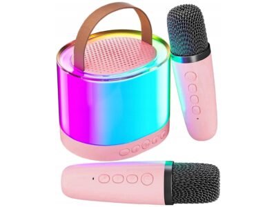 ZESTAW KARAOKE 2 MIKROFONY LED BLUETOOTH OKRĄŁY - różowy