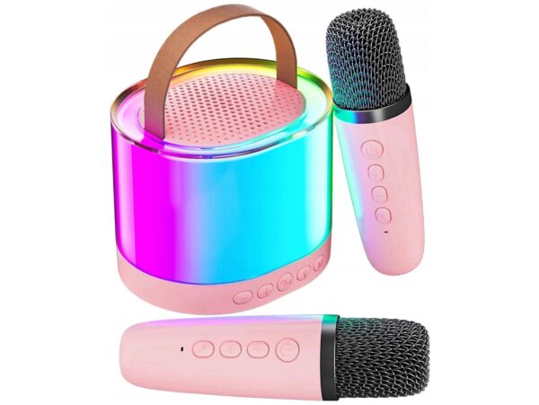 ZESTAW KARAOKE 2 MIKROFONY LED BLUETOOTH OKRĄŁY - różowy