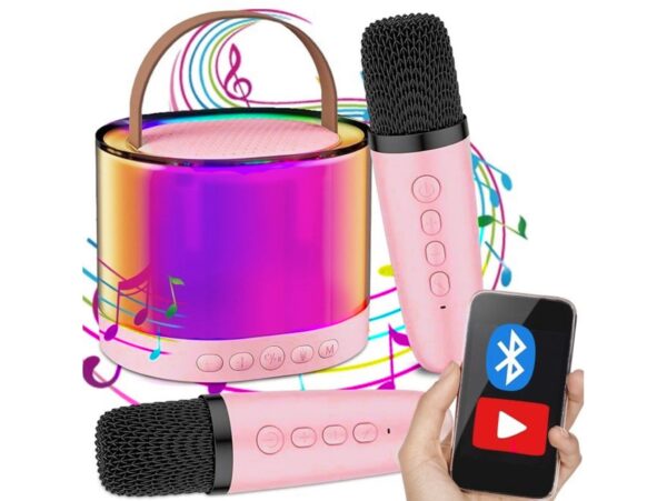 ZESTAW KARAOKE 2 MIKROFONY LED BLUETOOTH OKRĄŁY - różowy
