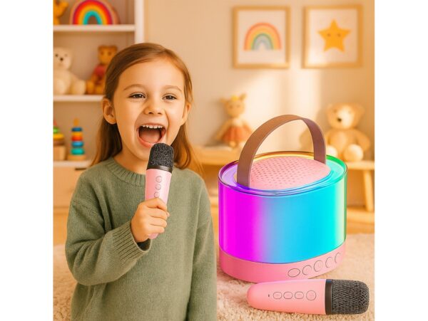 ZESTAW KARAOKE 2 MIKROFONY LED BLUETOOTH OKRĄŁY - różowy