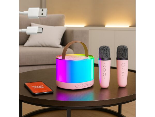 ZESTAW KARAOKE 2 MIKROFONY LED BLUETOOTH OKRĄŁY - różowy