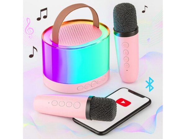ZESTAW KARAOKE 2 MIKROFONY LED BLUETOOTH OKRĄŁY - różowy