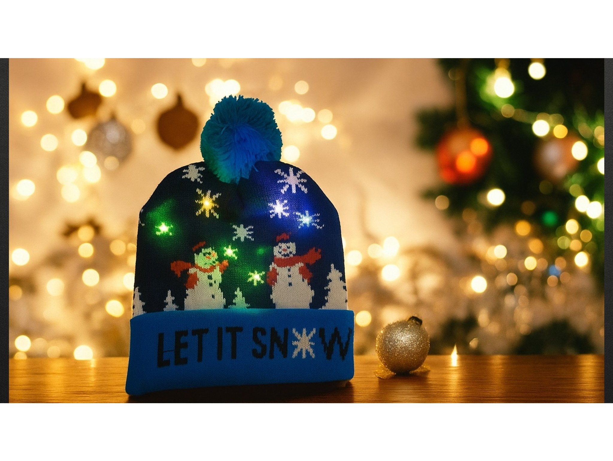 CZAPKA LED ŚWIĄTECZNA - wzór 3 bałwany granatowy