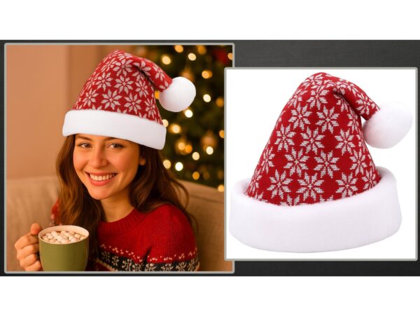 CZAPKA ŚWIĘTEGO MIKOŁAJA ŚNIEŻYNKA 38x28cm - czerwono-biała śnieżynki