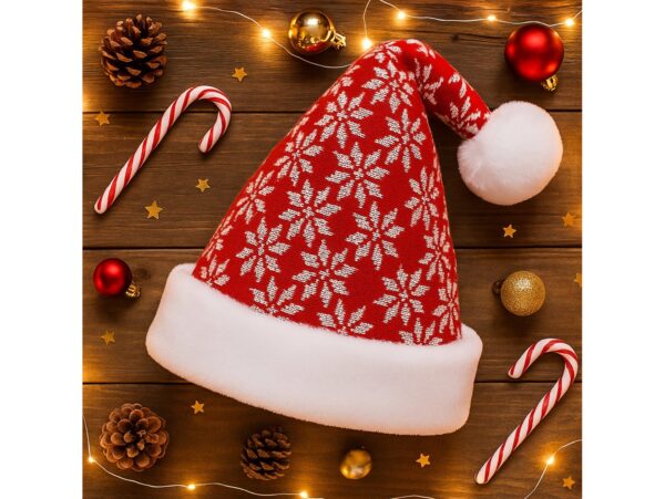 CZAPKA ŚWIĘTEGO MIKOŁAJA ŚNIEŻYNKA 38x28cm - czerwono-biała śnieżynki