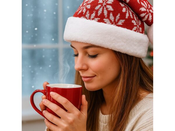 CZAPKA ŚWIĘTEGO MIKOŁAJA ŚNIEŻYNKA 38x28cm - czerwono-biała śnieżynki