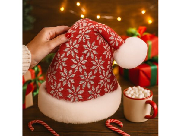 CZAPKA ŚWIĘTEGO MIKOŁAJA ŚNIEŻYNKA 38x28cm - czerwono-biała śnieżynki