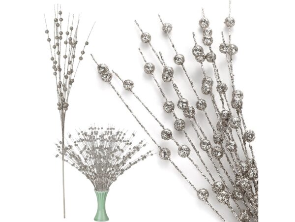 GAŁAZKA DEKORACYJNA ŚWĄTECZNA KULKI BROKAT 43CM - srebrny