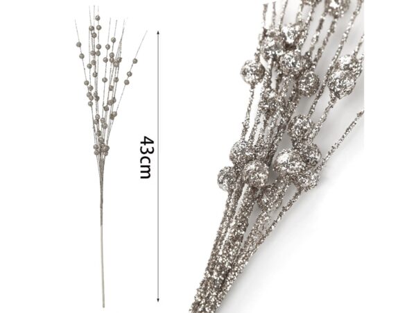 GAŁAZKA DEKORACYJNA ŚWĄTECZNA KULKI BROKAT 43CM - srebrny