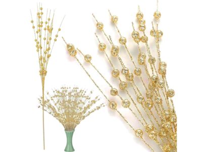 GAŁAZKA DEKORACYJNA ŚWĄTECZNA KULKI BROKAT 43CM - złoty