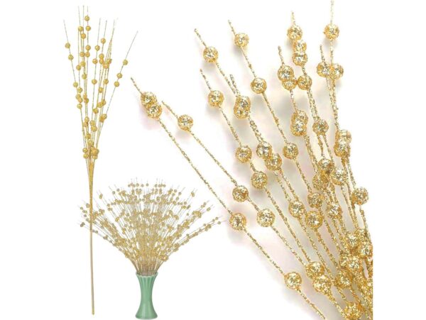 GAŁAZKA DEKORACYJNA ŚWĄTECZNA KULKI BROKAT 43CM - złoty