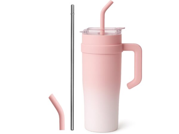 KUBEK TERMICZNY ZE SŁOMKĄ 1200ML - różowy