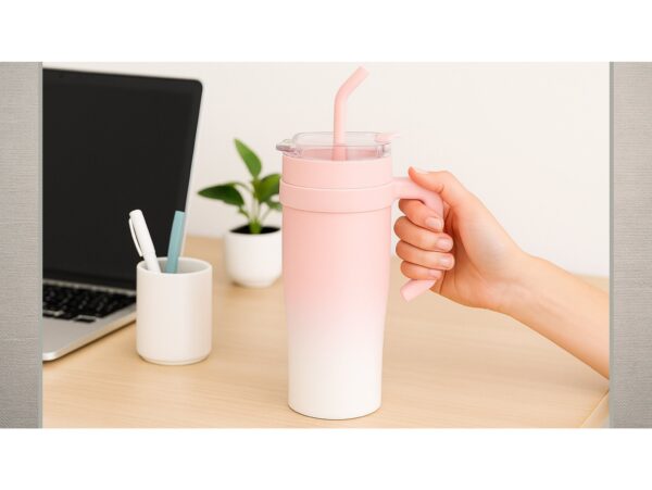 KUBEK TERMICZNY ZE SŁOMKĄ 1200ML - różowy