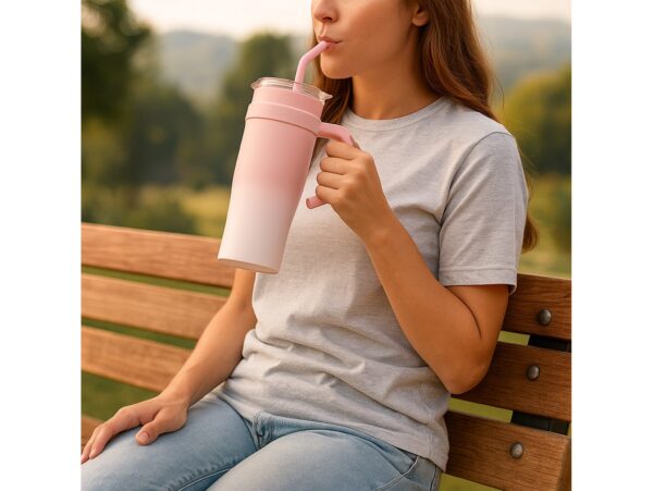 KUBEK TERMICZNY ZE SŁOMKĄ 1200ML - różowy