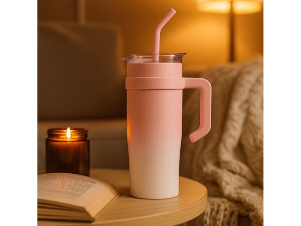 KUBEK TERMICZNY ZE SŁOMKĄ 1200ML - różowy