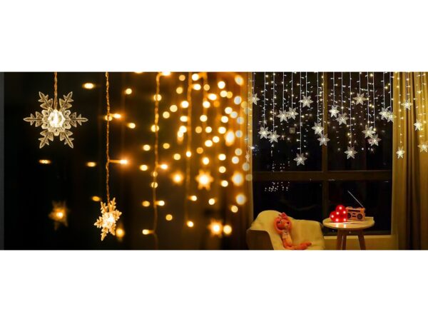 KURTYNA PŁATKI ŚNIEGU LED LAMPKI 3,2M - ciepły biały