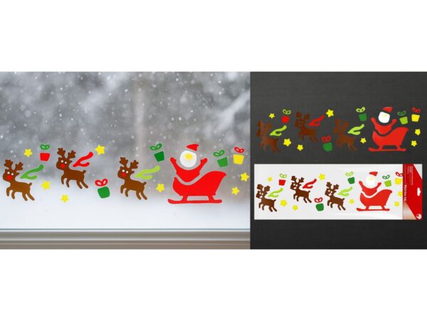 NAKLEJKI ŻELOWE NA OKNO ŚWIĄTECZNE 50x14CM - Mikołaj na saniach z reniferami
