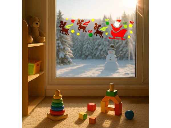 NAKLEJKI ŻELOWE NA OKNO ŚWIĄTECZNE 50x14CM - Mikołaj na saniach z reniferami