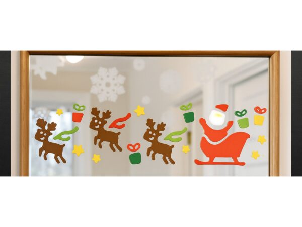 NAKLEJKI ŻELOWE NA OKNO ŚWIĄTECZNE 50x14CM - Mikołaj na saniach z reniferami