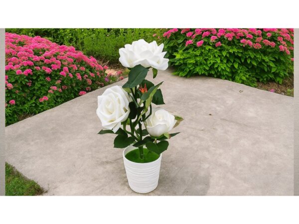 RÓŻA KWIAT SZTUCZNY 38cm 3 KWIATY W DONICZCE - biały