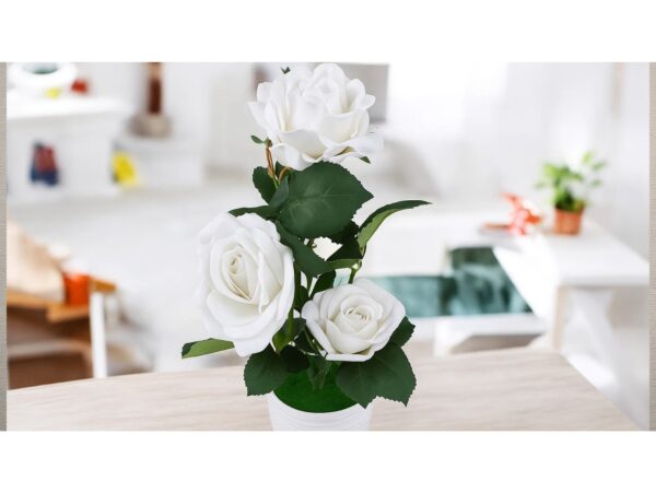 RÓŻA KWIAT SZTUCZNY 38cm 3 KWIATY W DONICZCE - biały