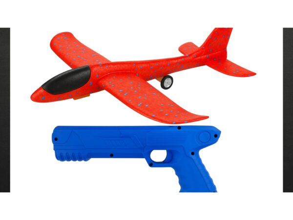 SAMOLOT STYROPIANOWY Z WYRZUTNIĄ - czerwony samolot z kółkami