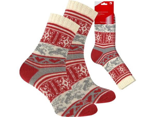 SKARPETY ŚWIĄTECZNE Z DODATKIEM WEŁNY 1 PARA - czerwono-kremowy