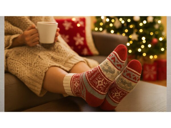 SKARPETY ŚWIĄTECZNE Z DODATKIEM WEŁNY 1 PARA - czerwono-kremowy