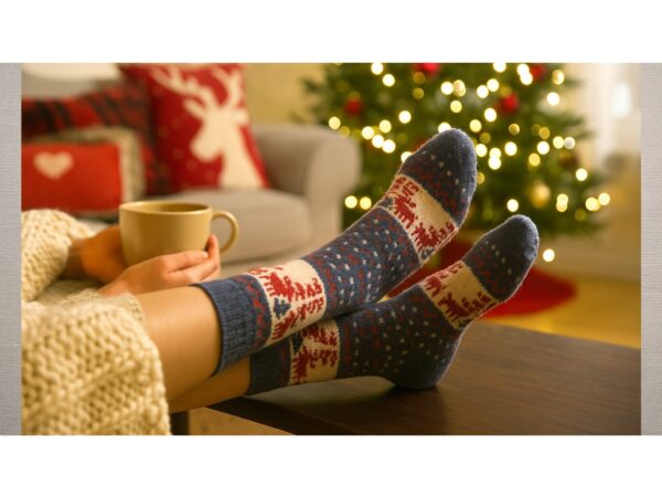 SKARPETY ŚWIĄTECZNE Z DODATKIEM WEŁNY 1 PARA - niebiesko-kremowy