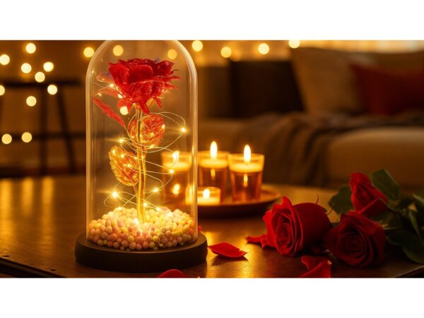 WIECZNA RÓŻA W SZKLE LED ŚWIECĄCA 21CM - wzór 4