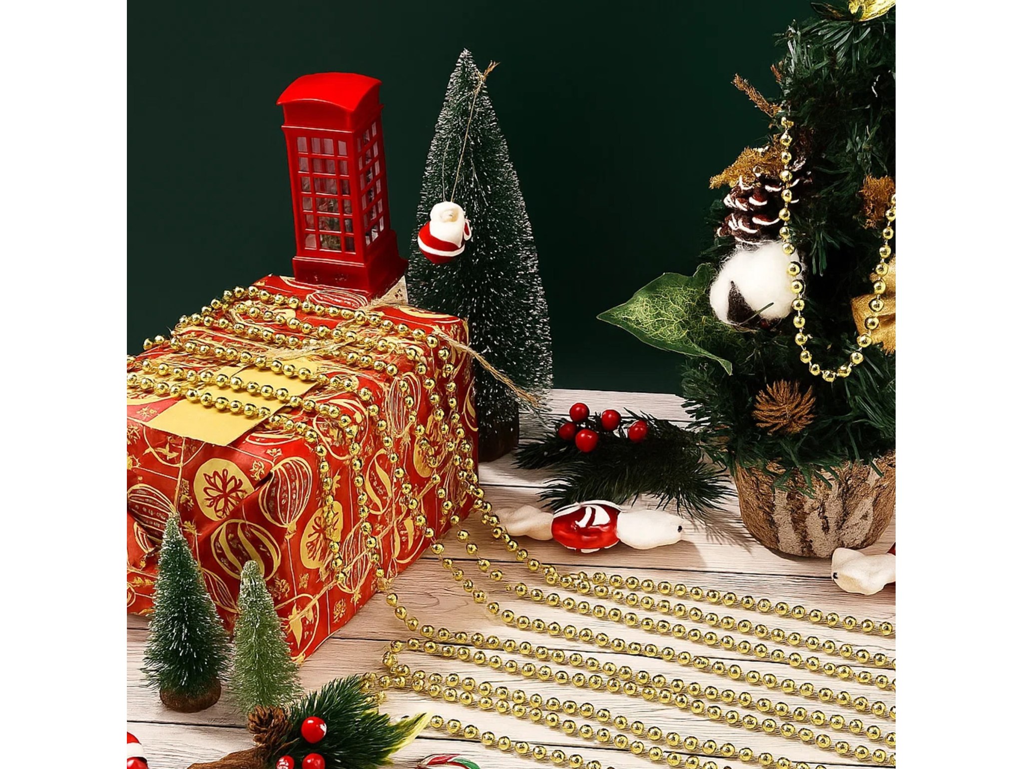 ŁAŃCUCH CHOINKOWY KORALE KORALIKI 5mm 6m - złoty