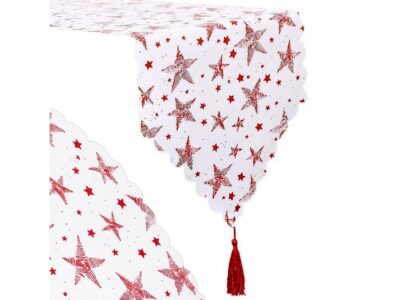 BIEŻNIK SZARFA ŚWIĄTECZNA Z FRĘDZLAMI 180x36cm - gwiazdki czerwony